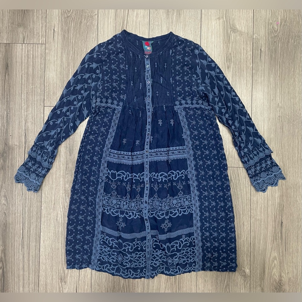 Johnny Was Embroidered Button Front Long Sleeve‎ Dress Tunic Size Small